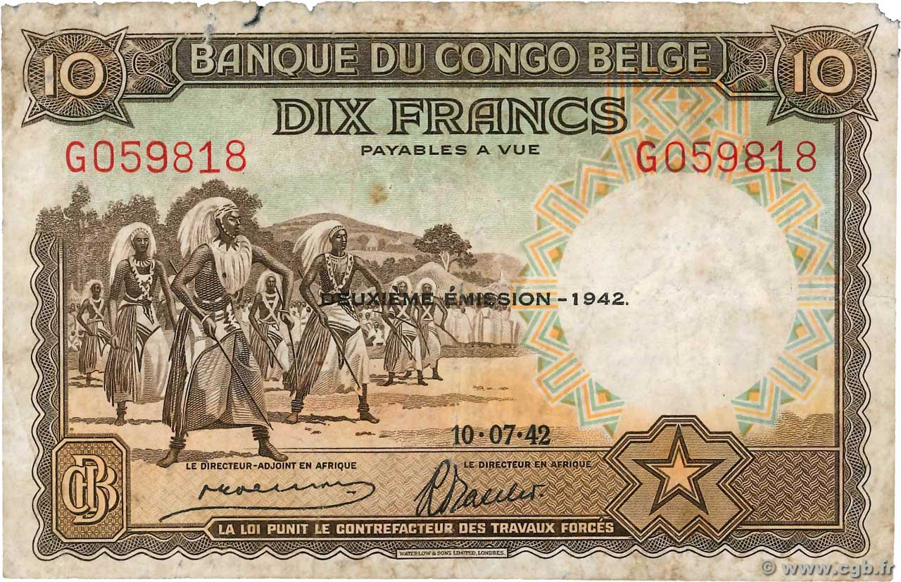 10 Francs CONGO BELGA  1942 P.14Ba B
