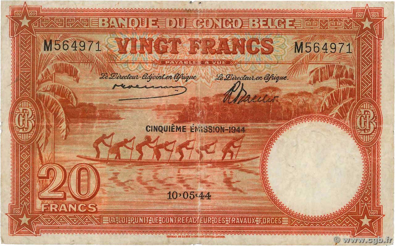 20 Francs BELGA CONGO  1944 P.15D RC+