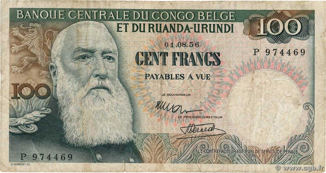 100 Francs CONGO BELGE  1956 P.33a pr.TB