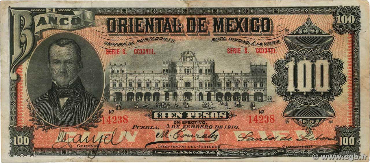 100 Pesos MEXICO Puebla 1914 PS.0385c BC+