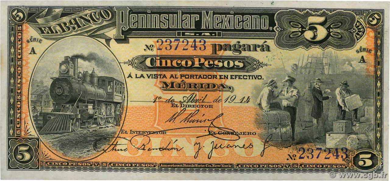 5 Pesos MEXICO Mérida 1914 PS.0465a fST+