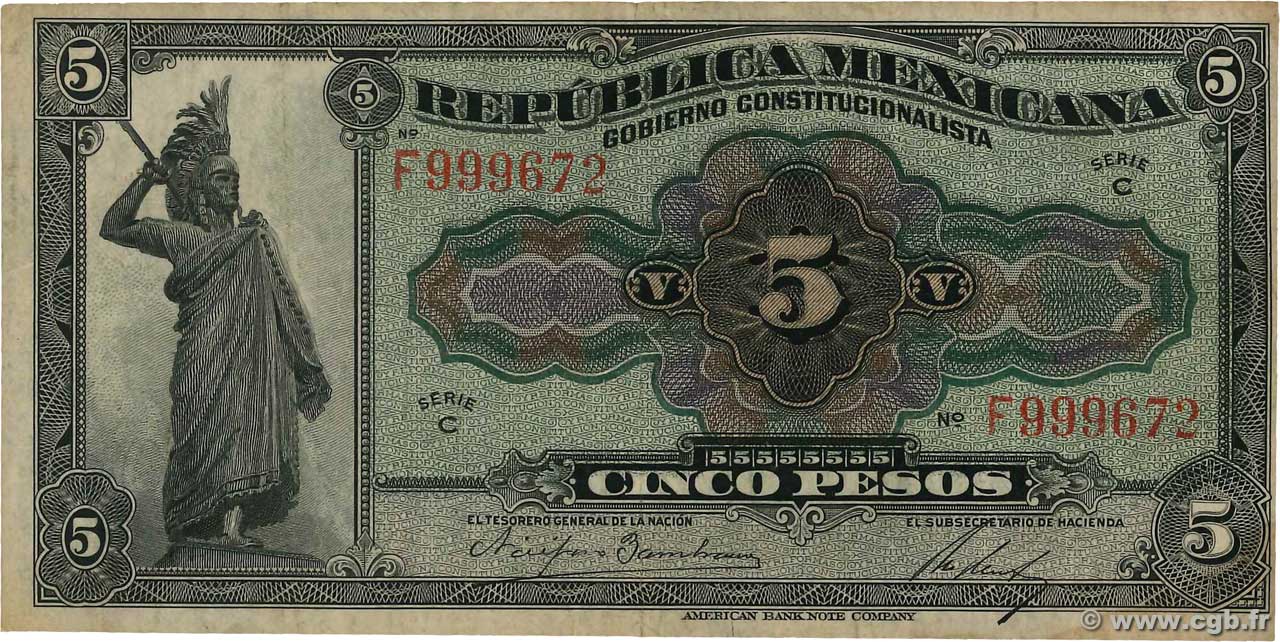 5 Pesos MEXICO  1915 PS.0685a VF