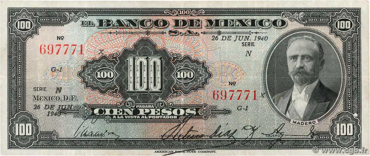 100 Pesos MEXICO  1940 P.042a MBC