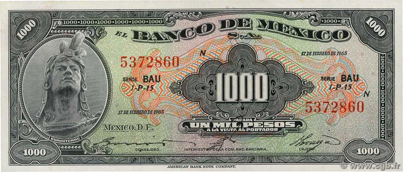 1000 Pesos MEXICO  1965 P.052n ST