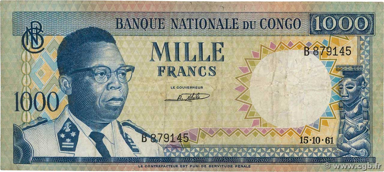 1000 Francs CONGO, DEMOCRATIQUE REPUBLIC  1961 P.008a VF