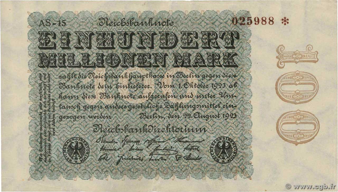 100 Millions Mark DEUTSCHLAND  1923 P.107d VZ