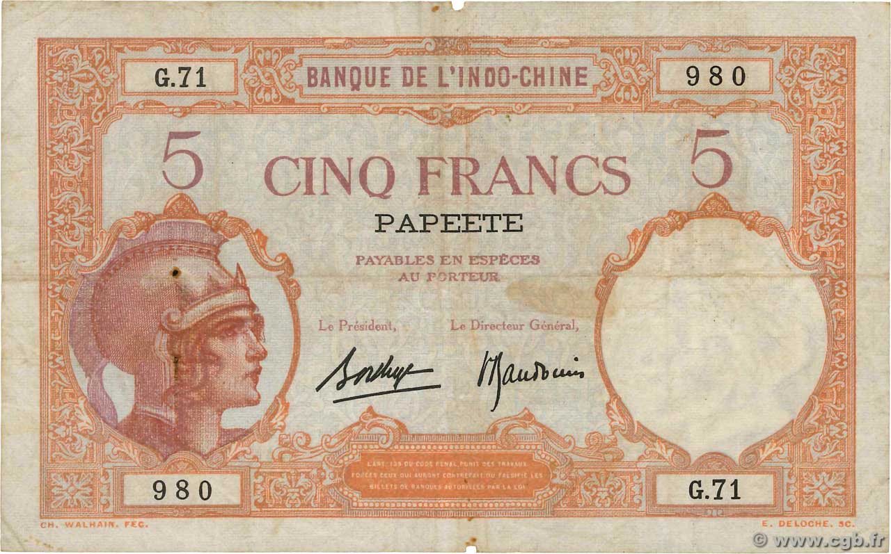 5 Francs TAHITI  1936 P.11c F