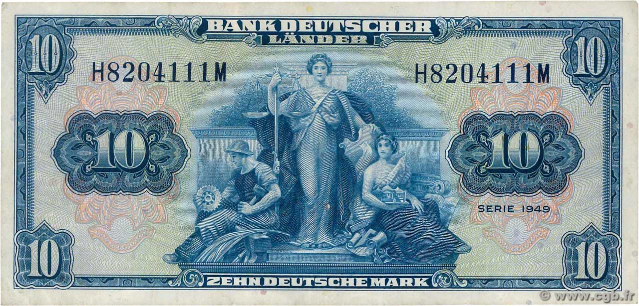 10 Deutsche Mark GERMAN FEDERAL REPUBLIC  1949 P.16a F+