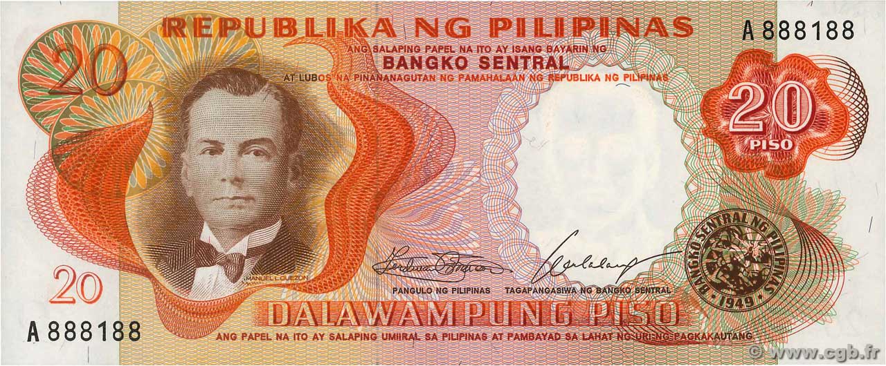 20 Piso PHILIPPINES  1969 P.145a UNC