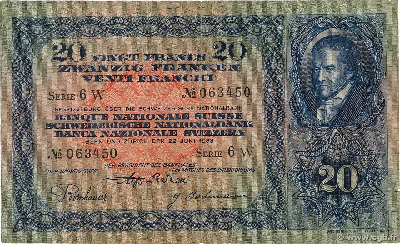 20 Francs SUISSE  1933 P.39d F