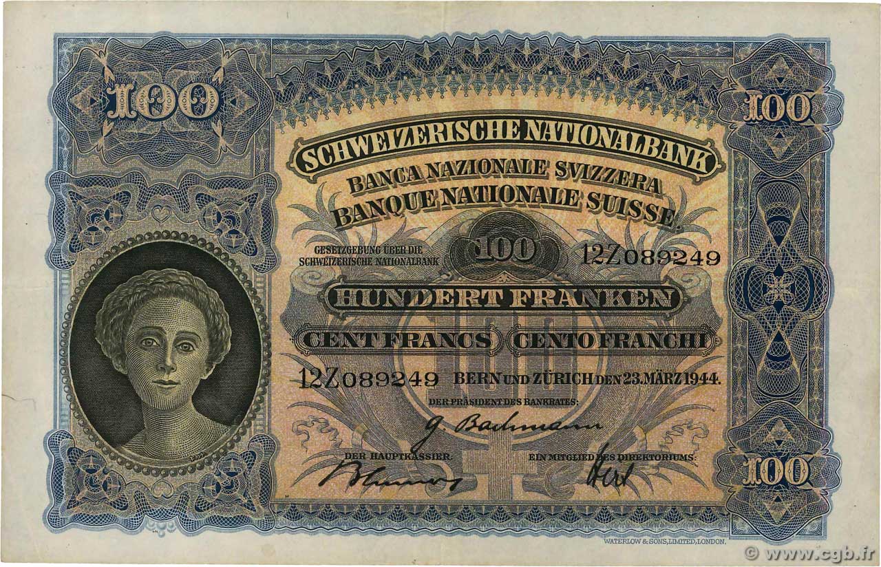 100 Francs SUISSE  1944 P.35r VF