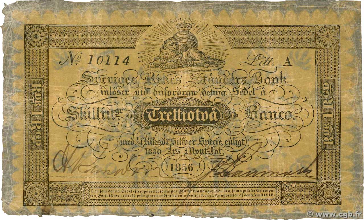 32 Skillingar Banco SUÈDE  1855 P.A123c F
