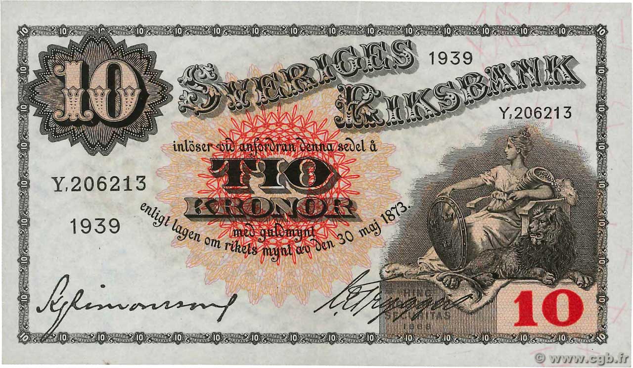 10 Kronor SUÈDE  1939 P.34v AU