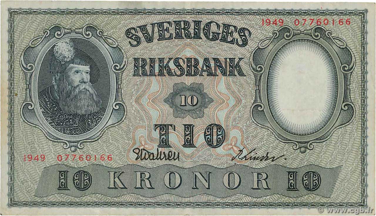 10 Kronor SUÈDE  1949 P.40j VF
