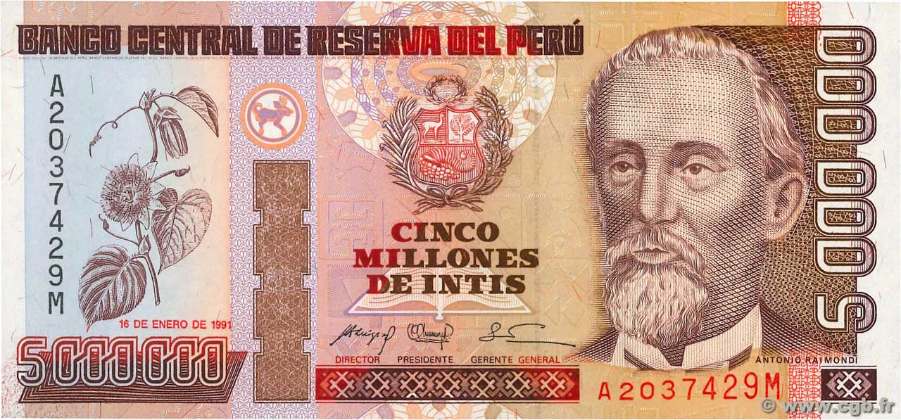 5000000 Intis PERU  1991 P.150 AU