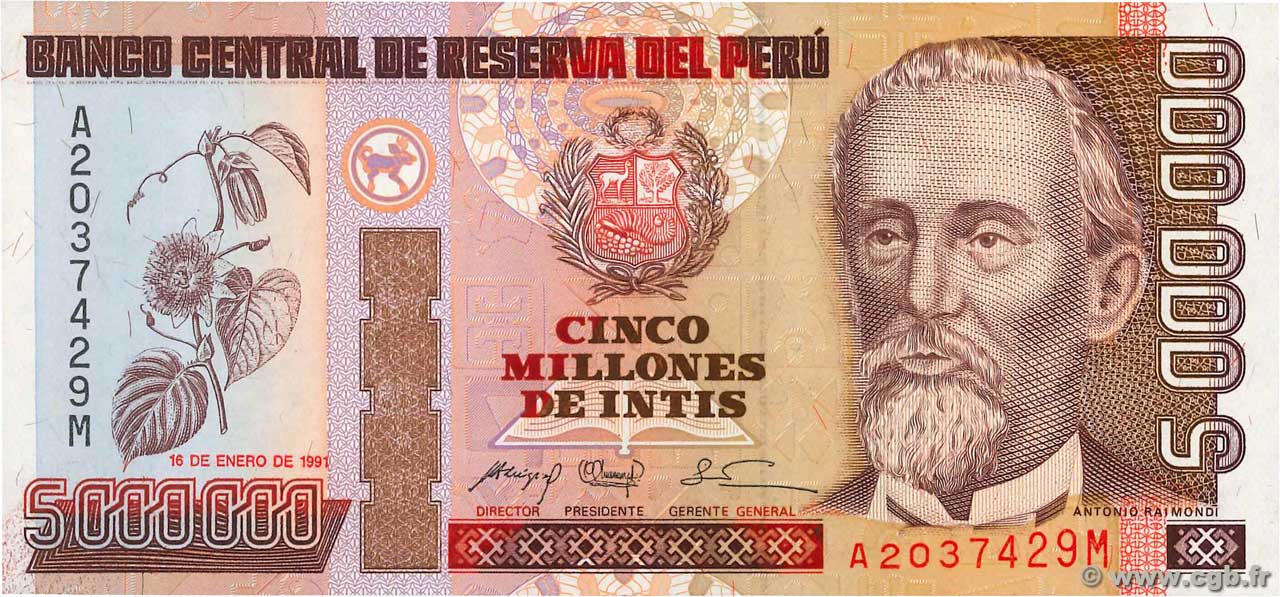 5000000 Intis PERU  1991 P.150 fST