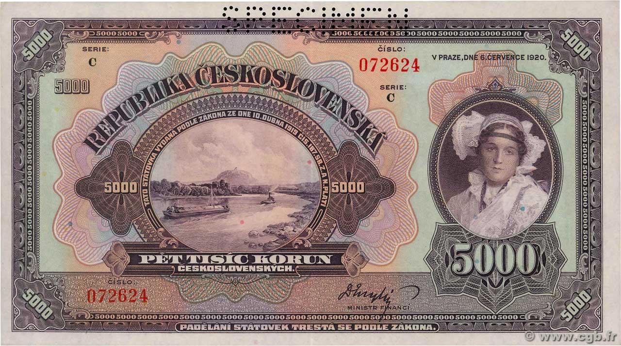 5000 Korun Spécimen TCHÉCOSLOVAQUIE  1920 P.019s SUP