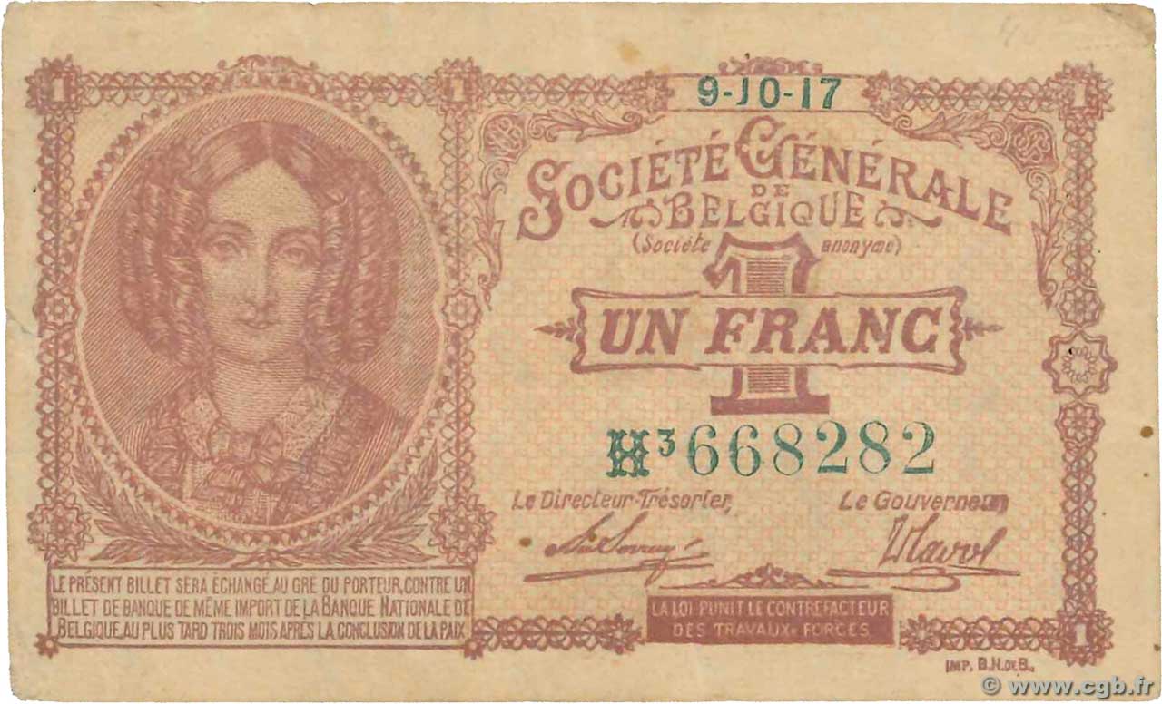 1 Franc BELGIQUE  1917 P.086b TTB