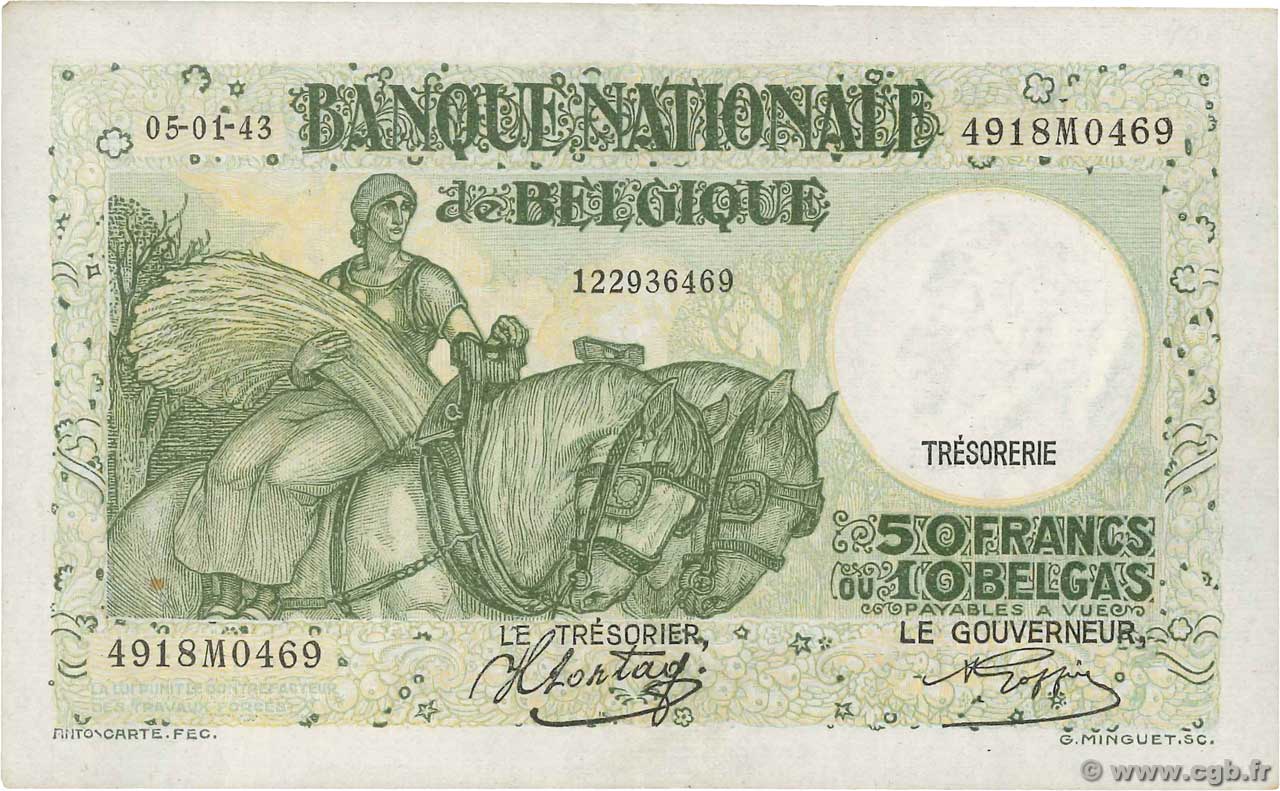 50 Francs - 10 Belgas BELGIEN  1943 P.106 VZ