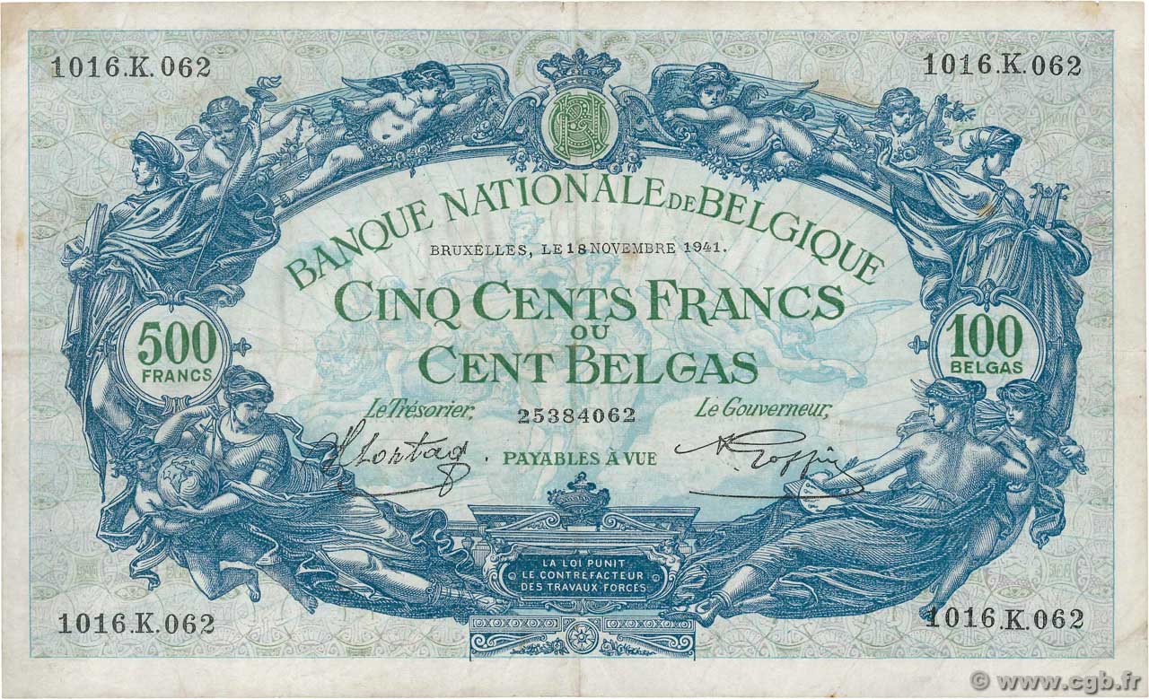 500 Francs - 100 Belgas BELGIEN  1941 P.109 fSS