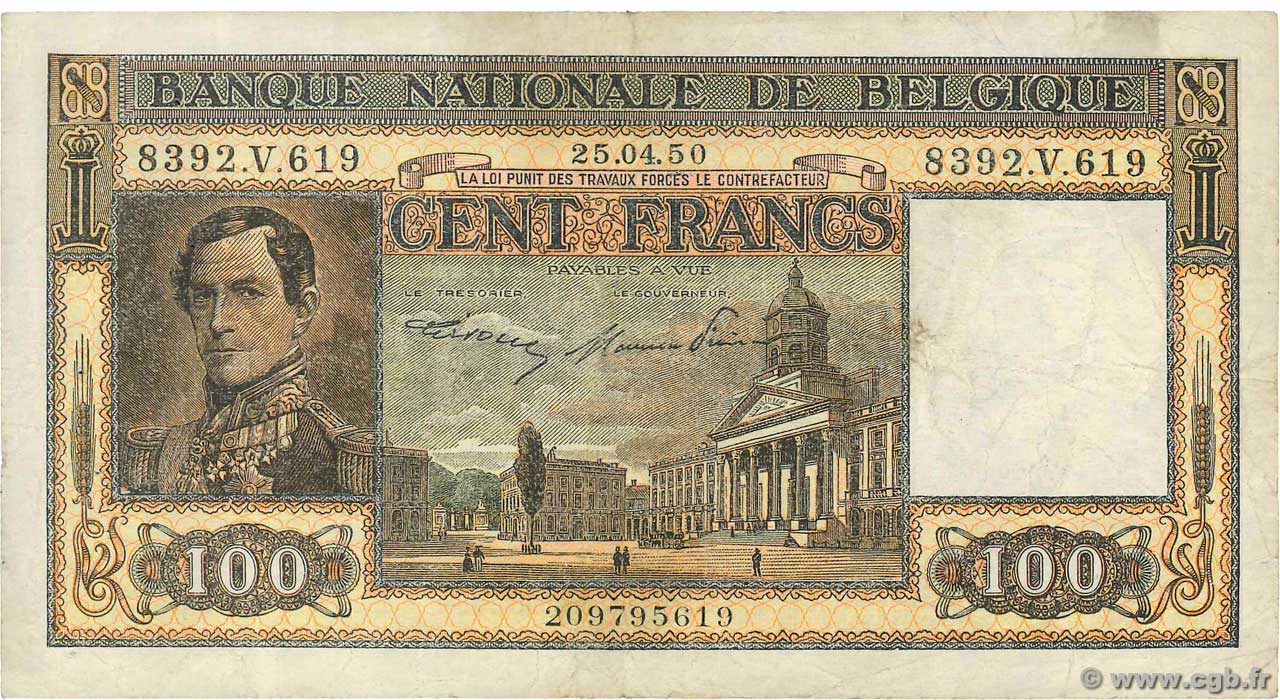 100 Francs BELGIQUE  1950 P.126 TB
