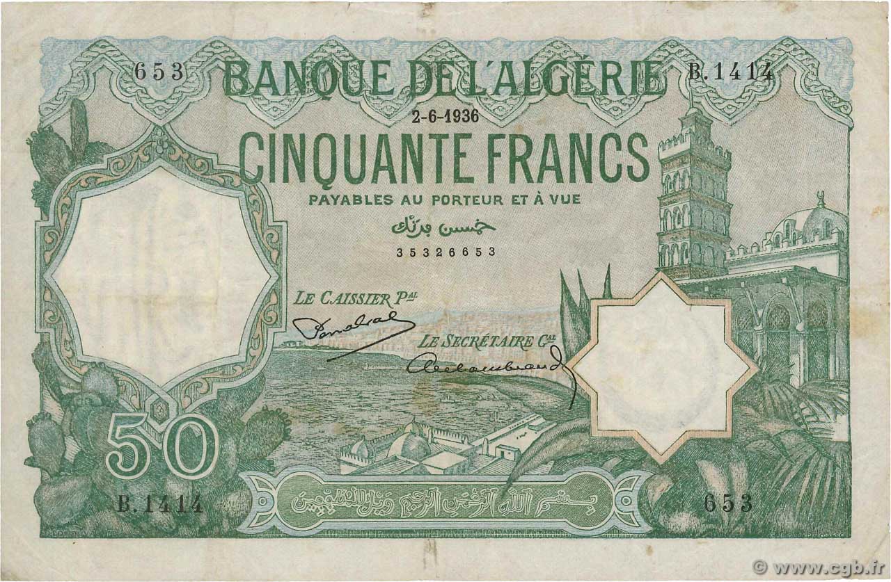 50 Francs ALGERIA  1936 P.080a q.BB