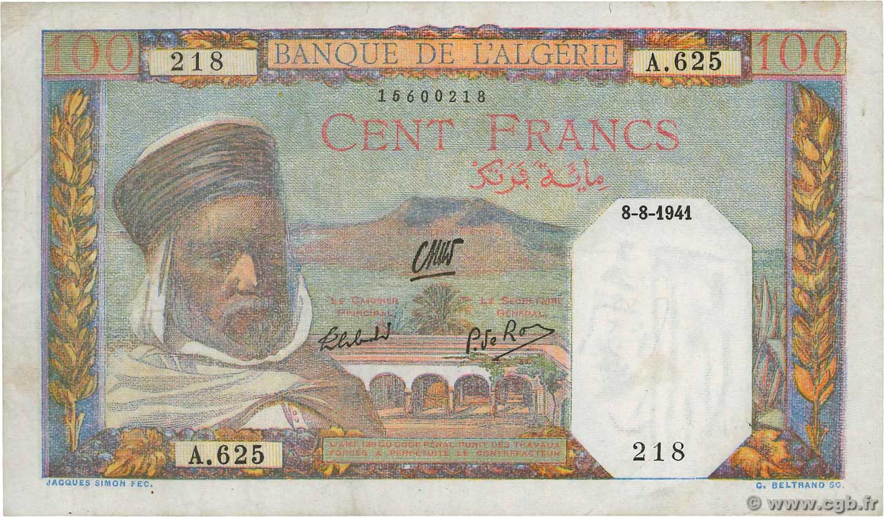 100 Francs ALGERIA  1941 P.085 BB