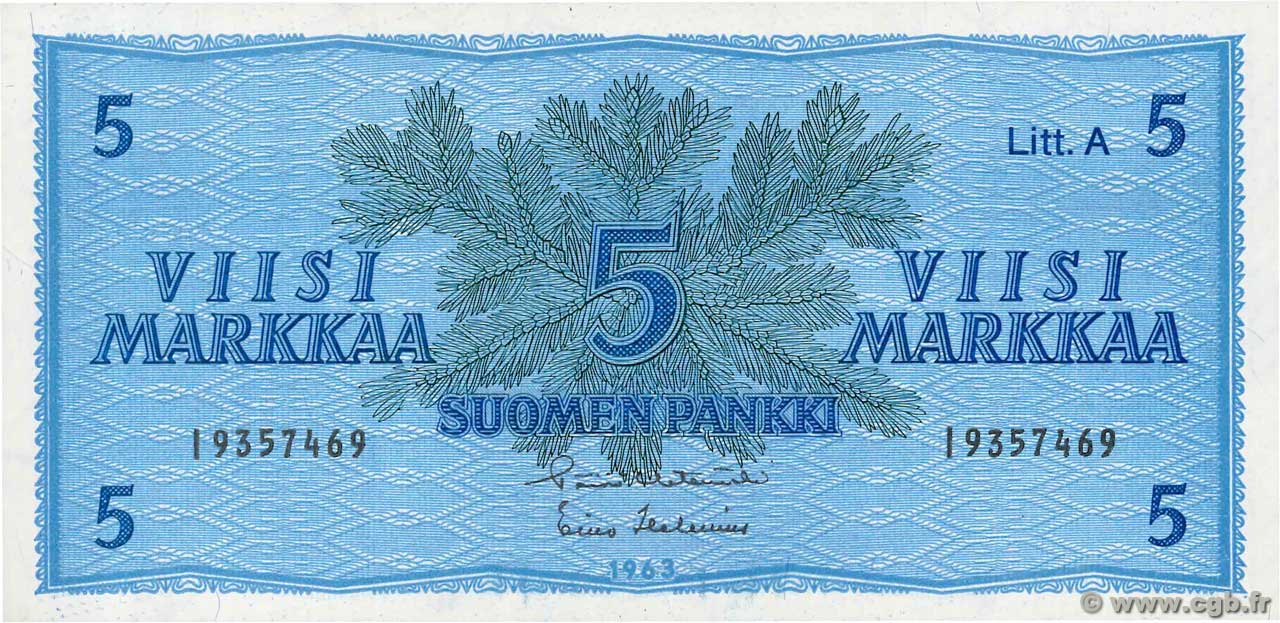 5 Markkaa FINNLAND  1963 P.103a ST