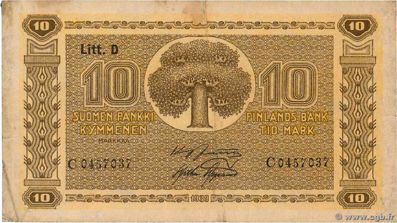10 Markkaa FINLAND  1939 P.070a VF
