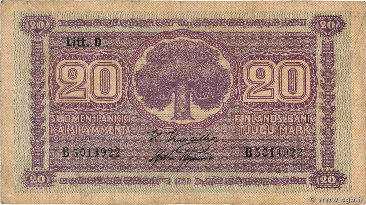 20 Markkaa FINLANDIA  1939 P.071a BC