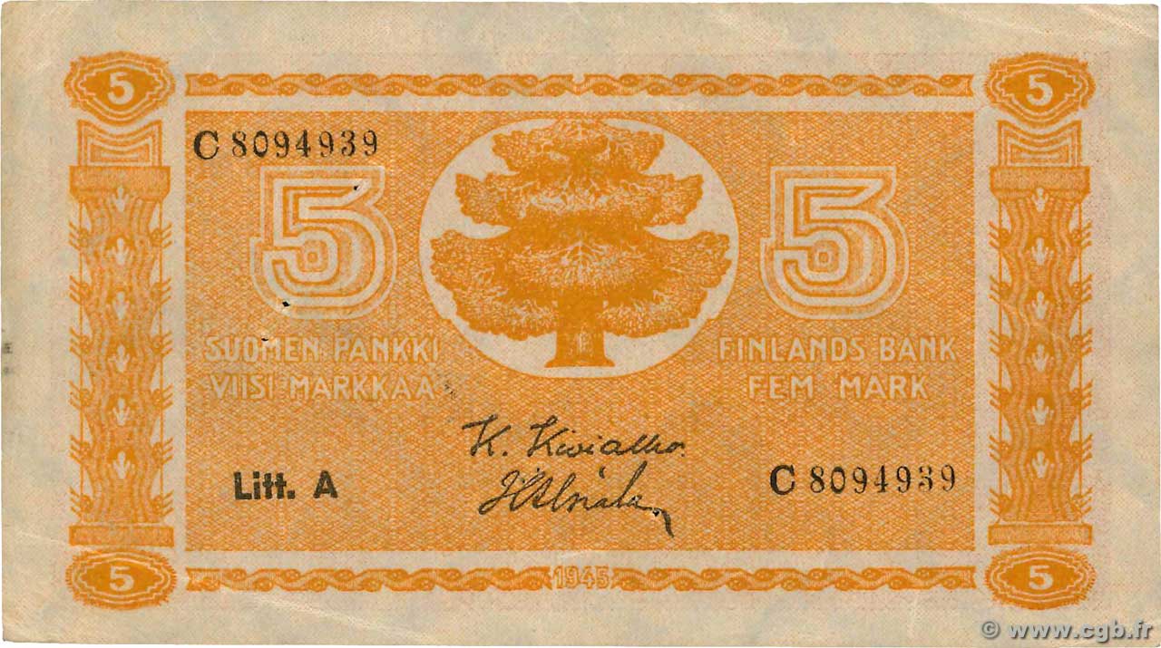 5 Markkaa FINLANDE  1922 P.076a TTB