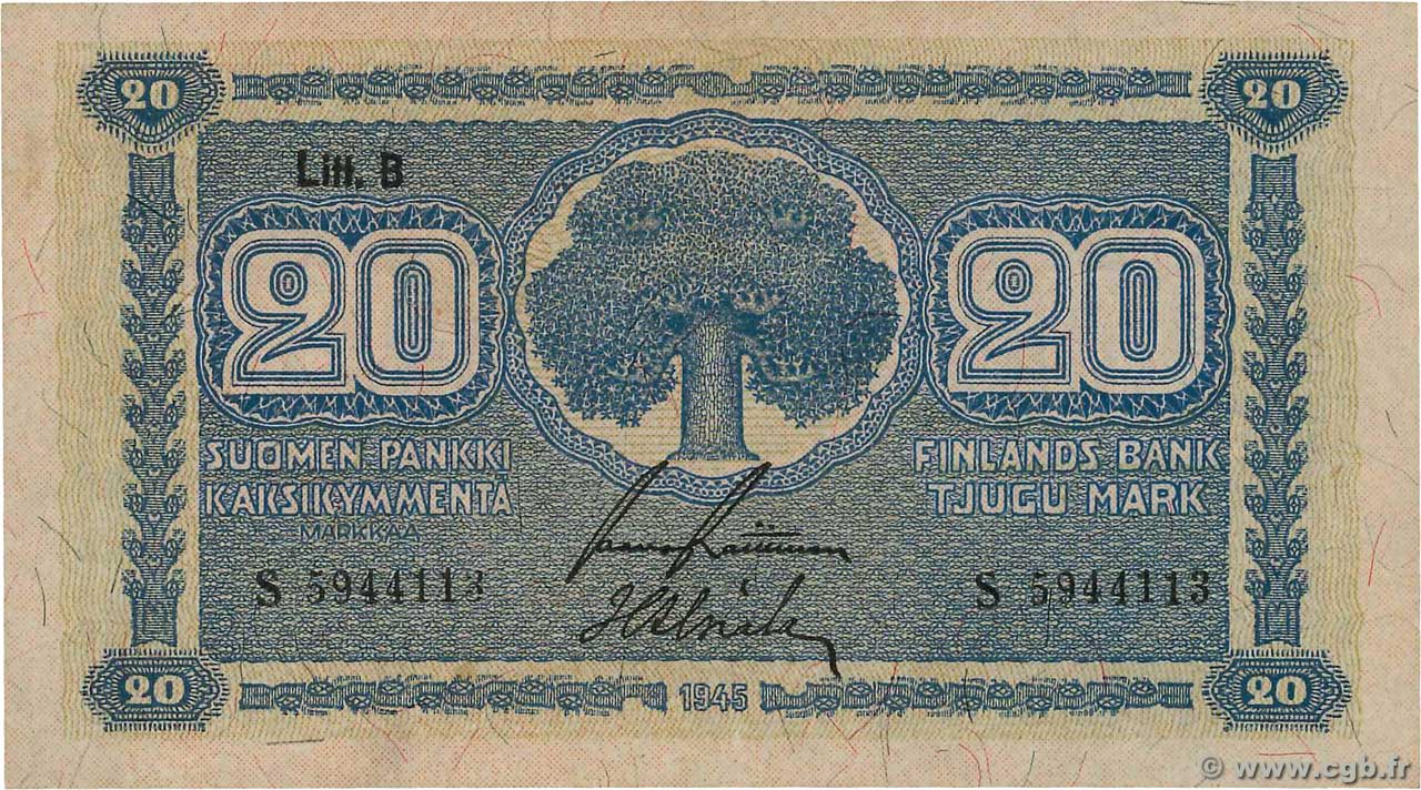 20 Markkaa FINLANDIA  1945 P.086 SC+