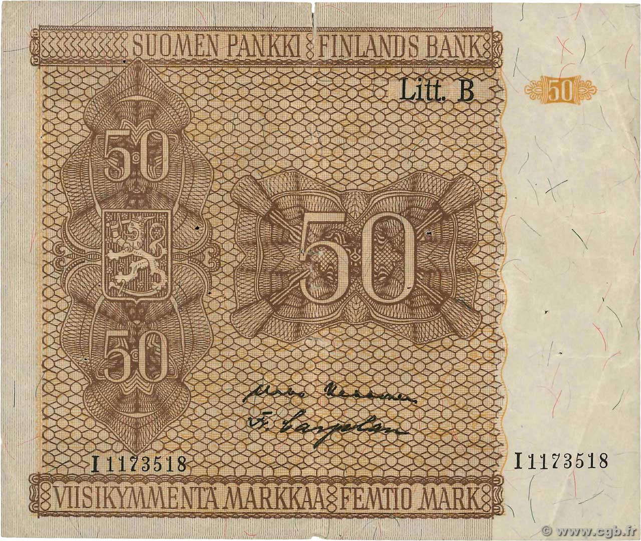 50 Markkaa FINLAND  1945 P.087 VF