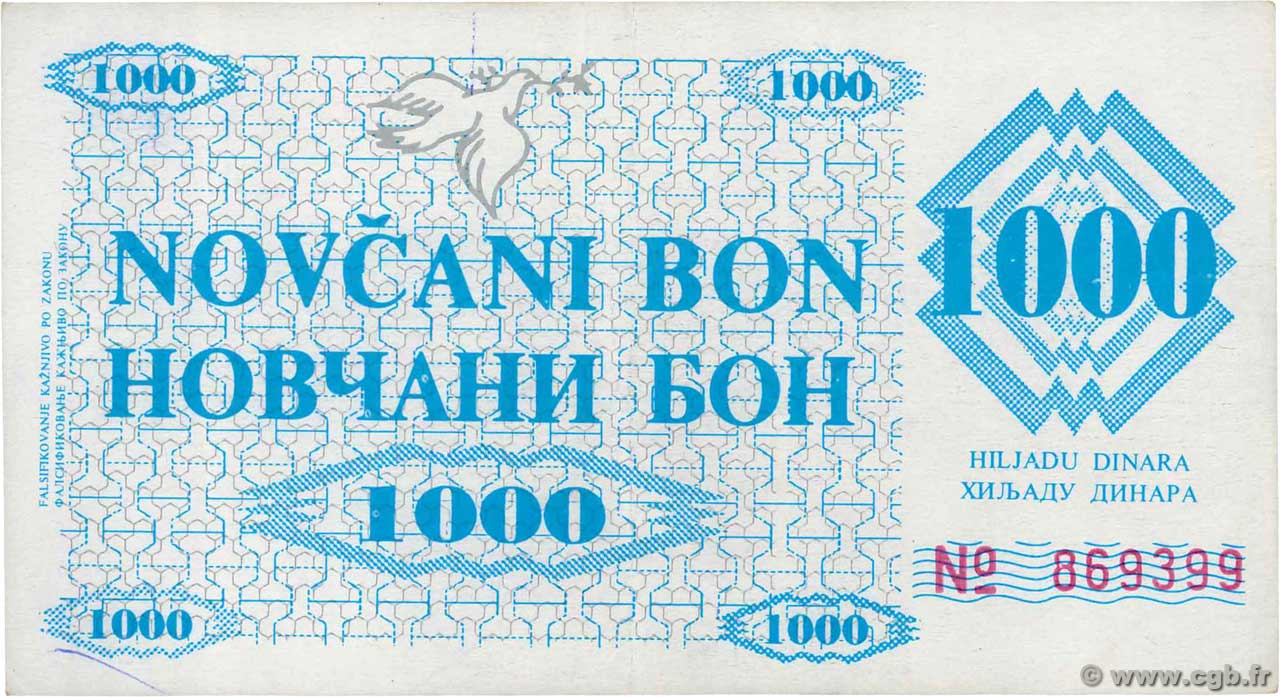 1000 Dinara BOSNIA HERZEGOVINA Zenica 1992 P.008g AU