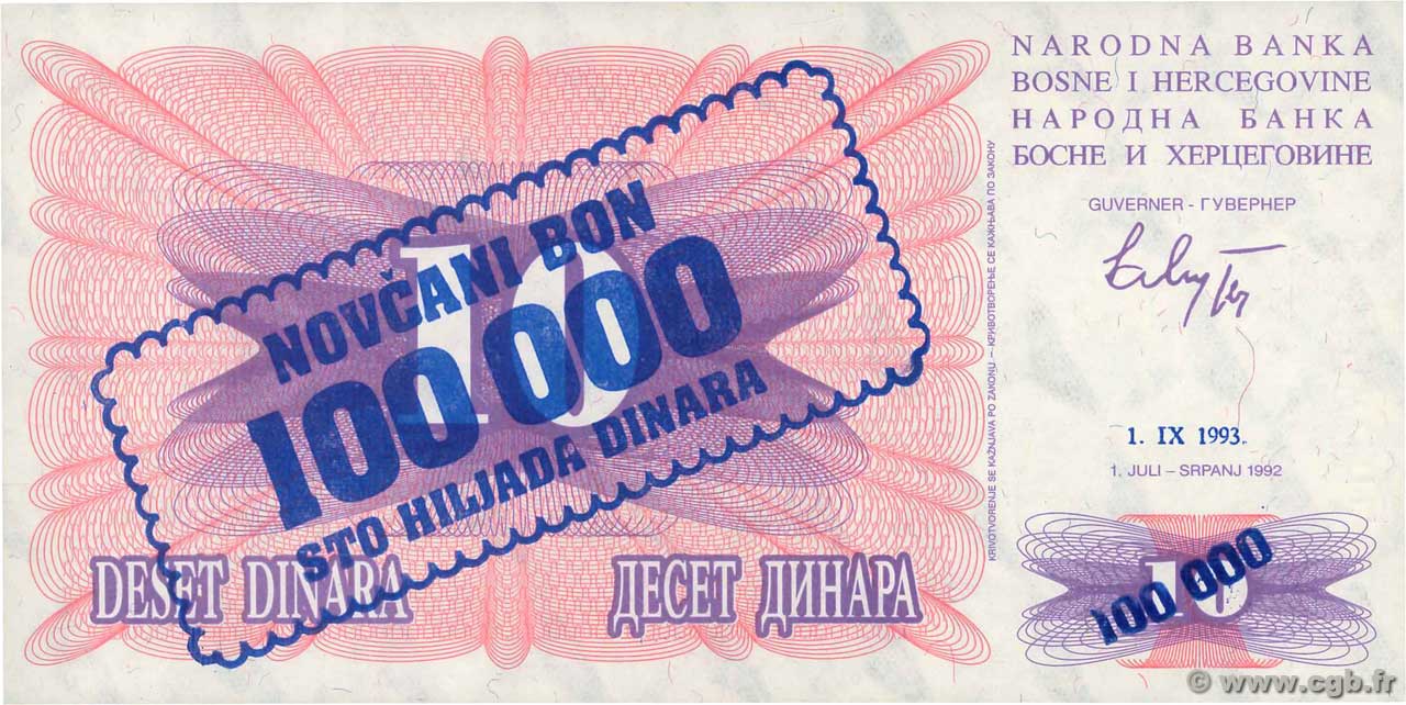 100000 Dinara BOSNIEN-HERZEGOWINA  1993 P.034a ST