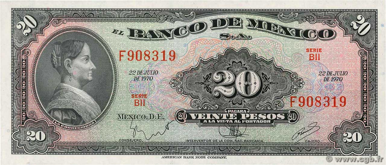 20 Pesos MEXICO  1970 P.054p UNC