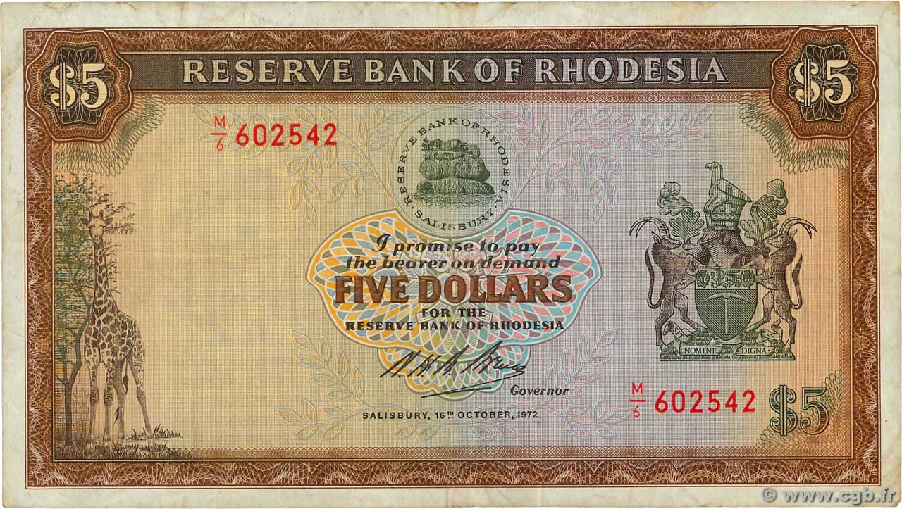 5 Dollars RHODÉSIE  1972 P.32a TB+