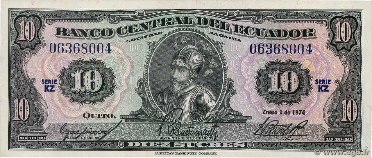 10 Sucres ECUADOR  1974 P.101Ab SC