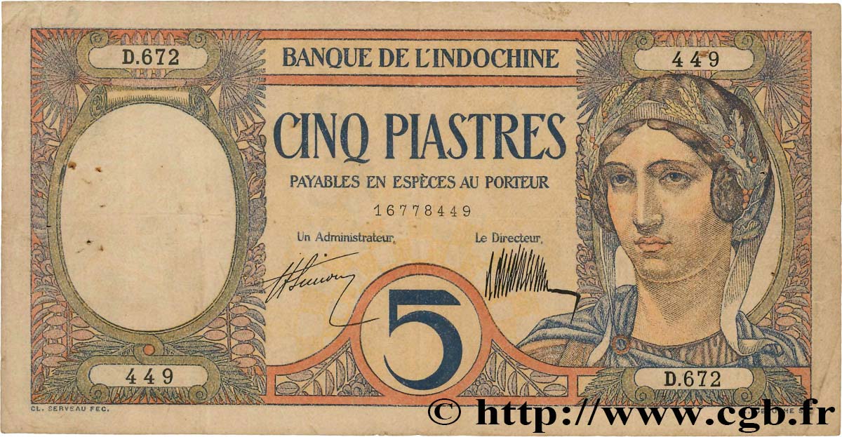 5 Piastres INDOCHINE FRANÇAISE  1927 P.049b TB