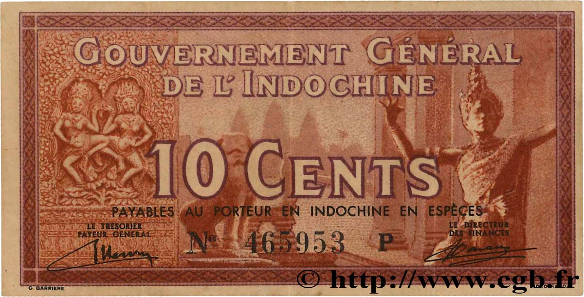 10 Cents INDOCHINE FRANÇAISE  1939 P.085a TTB