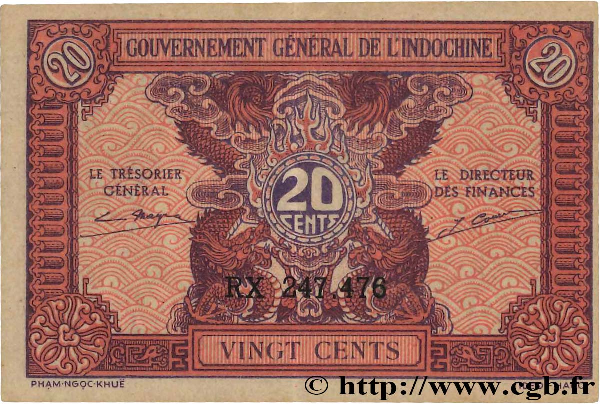 20 Cents INDOCINA FRANCESE  1942 P.090a AU