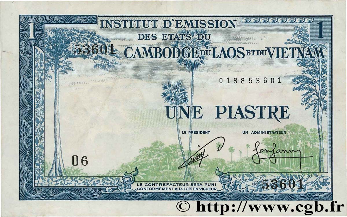 1 Piastre - 1 Riel FRENCH INDOCHINA  1954 P.094 VF