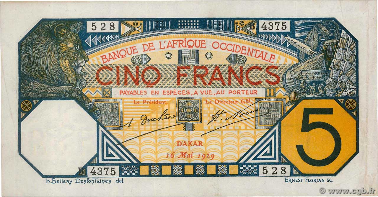 5 Francs DAKAR FRENCH WEST AFRICA Dakar 1929 P.05Bf SS