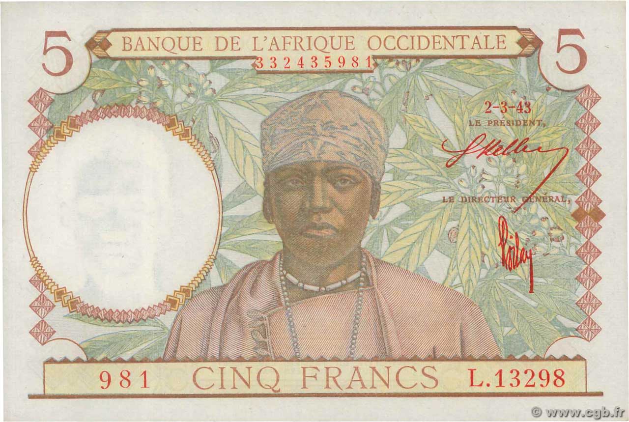 5 Francs FRENCH WEST AFRICA  1943 P.26 UNC-