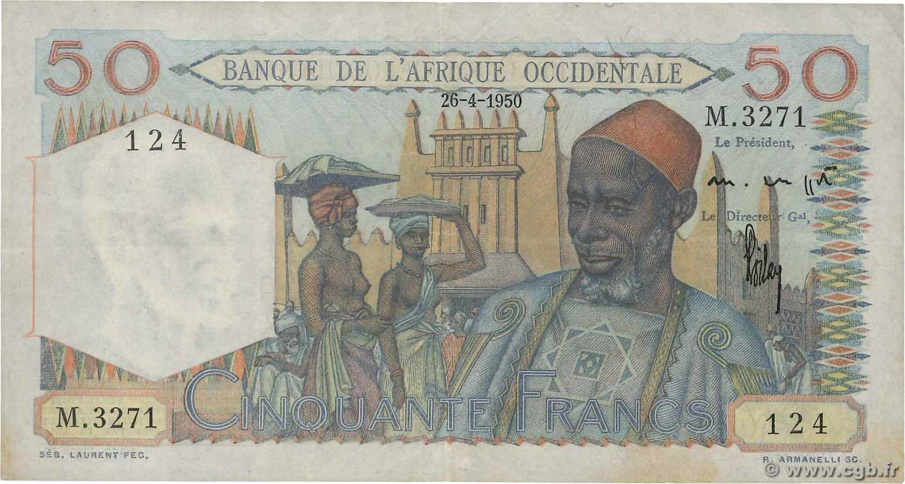 50 Francs FRENCH WEST AFRICA  1950 P.39 MBC+