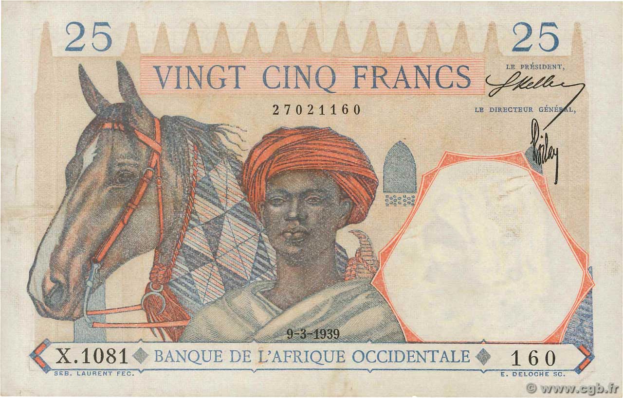 25 Francs FRENCH WEST AFRICA  1939 P.22 VF