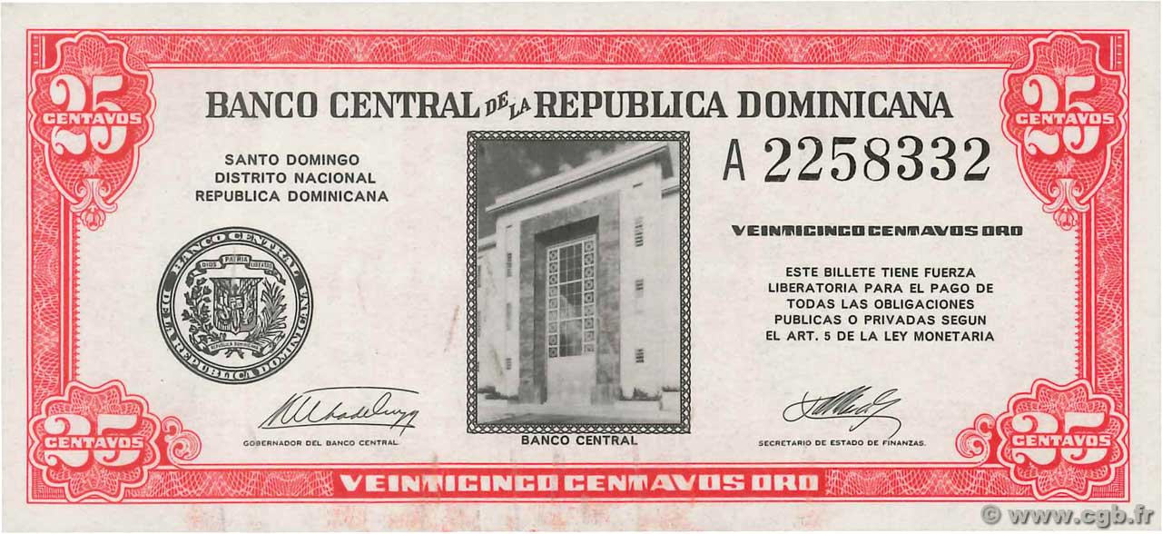 25 Centavos Oro RÉPUBLIQUE DOMINICAINE  1961 P.087a UNC-