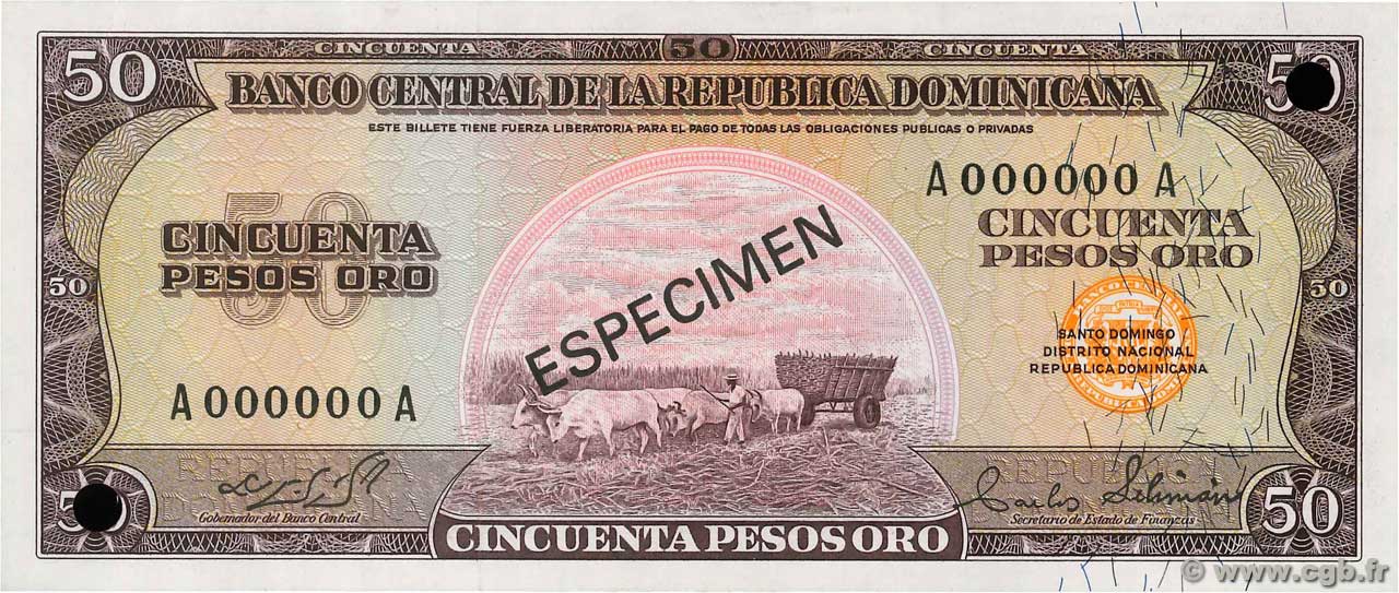 50 Pesos Oro Spécimen RÉPUBLIQUE DOMINICAINE  1964 P.103s1 NEUF