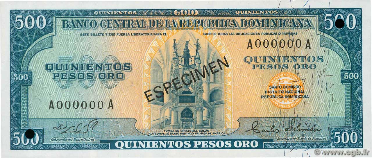 500 Pesos Oro Spécimen DOMINICAN REPUBLIC  1975 P.114s UNC