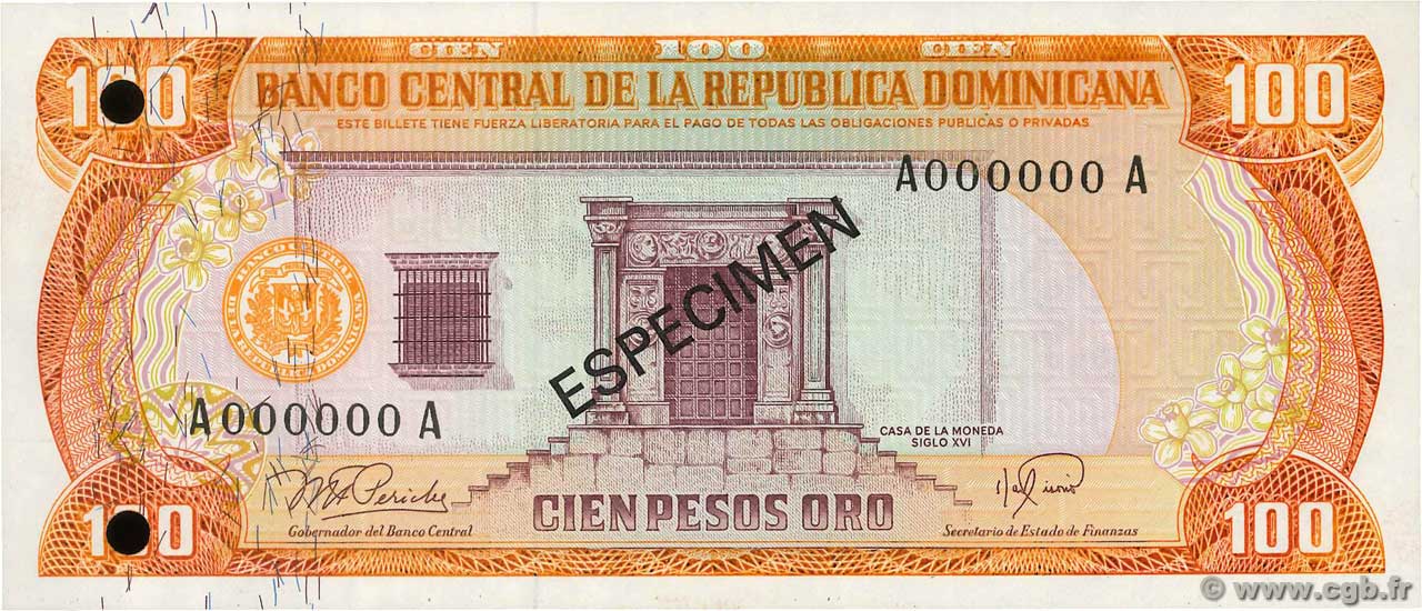 100 Pesos Oro Spécimen RÉPUBLIQUE DOMINICAINE  1978 P.122s1 NEUF